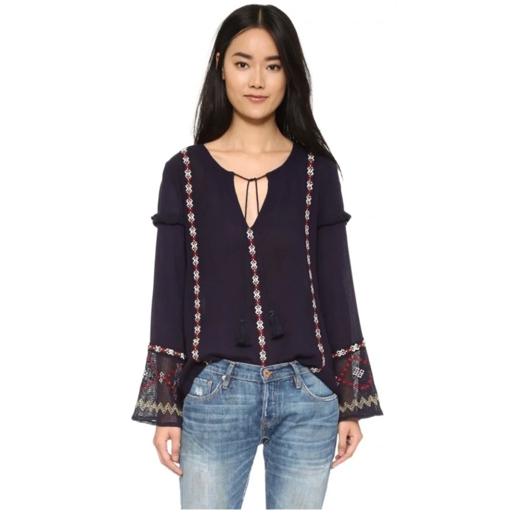 Tularosa Top Womens XS Blue Embroidered Striped Bell Sleeve Tassel Peasant Boho
